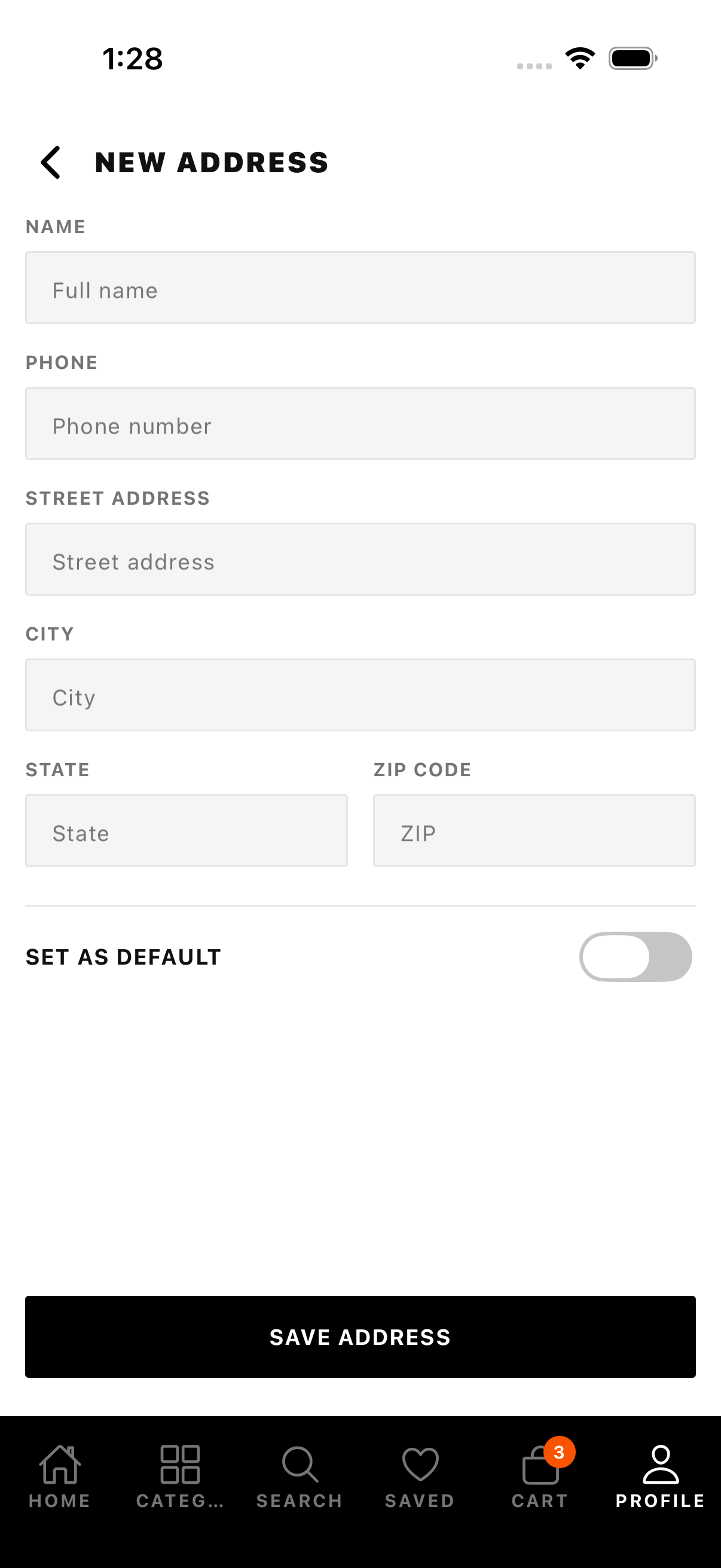 Monochrome address form screen