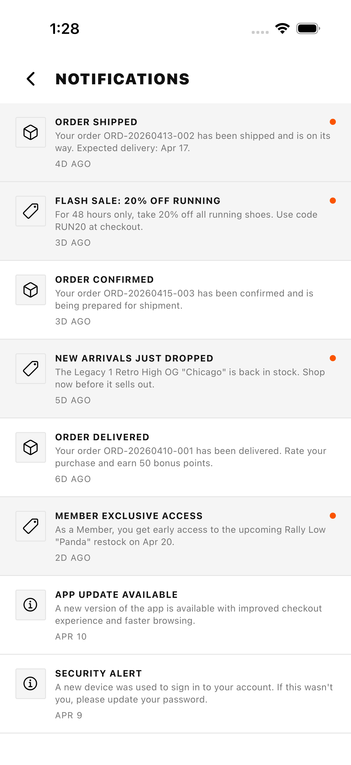 Monochrome notifications screen