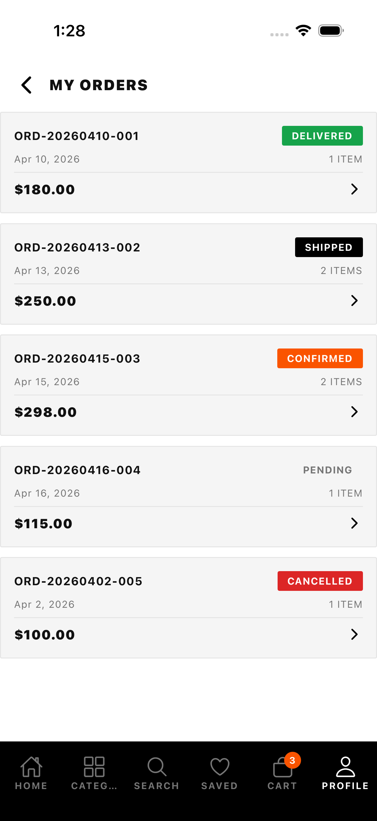 Monochrome orders screen