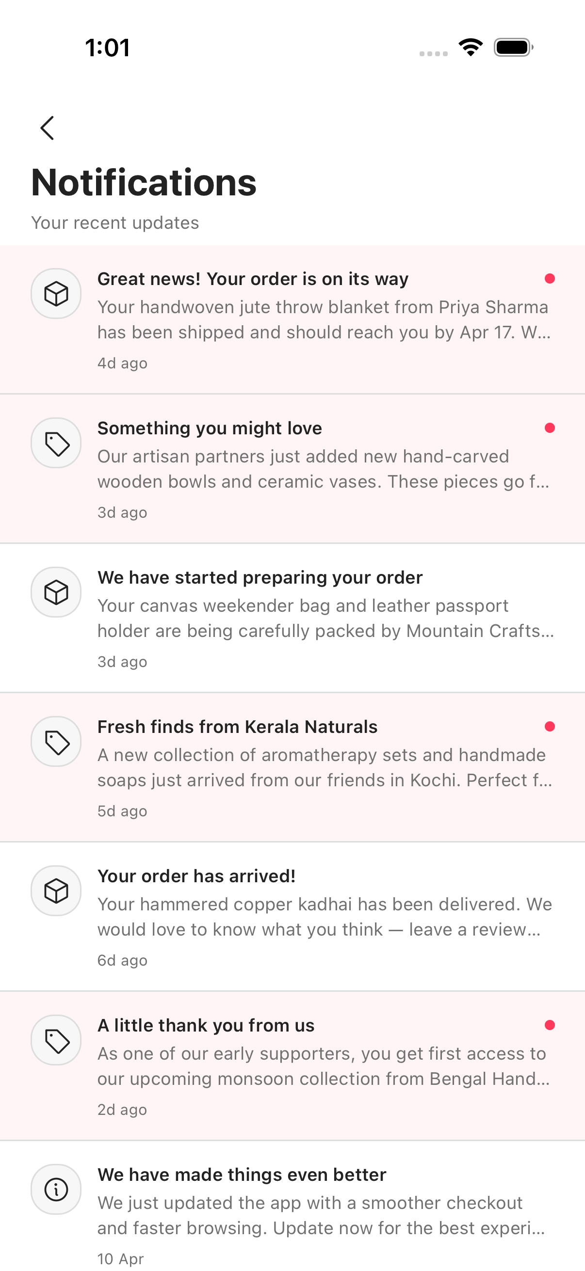 Warmth notifications screen